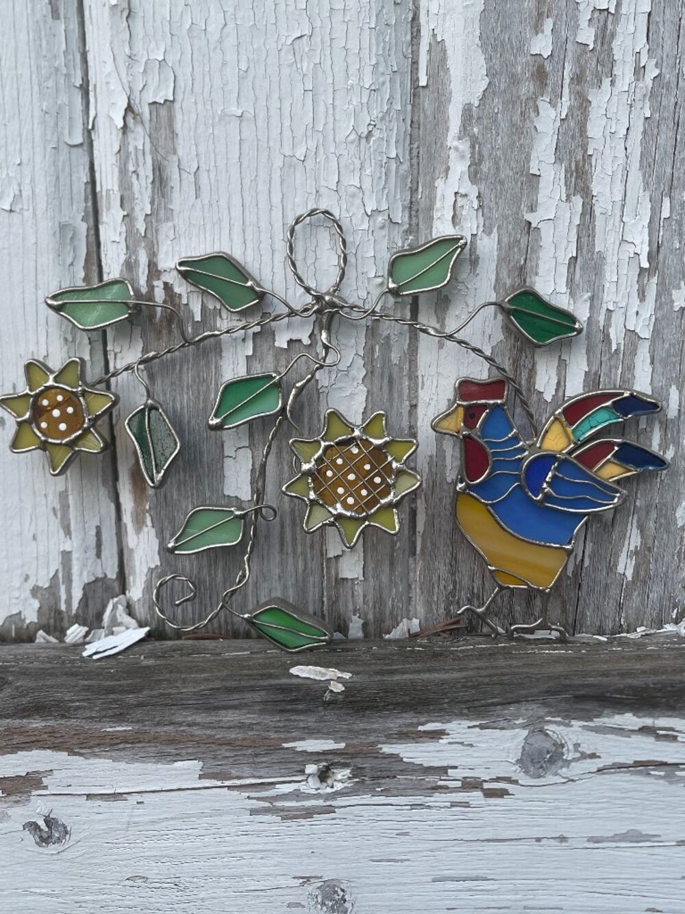 Vintage Stained Glass Rooster and Sunflower Floral Window Sun Catcher